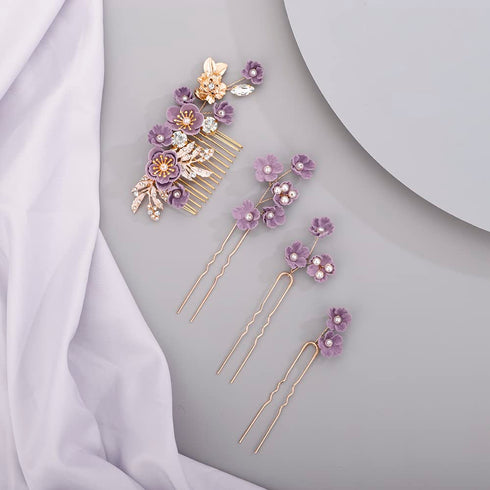Rhinestone Flower Hair Pieces Bridal Purple Flower Hairpins Hair Comb Set for Bride Bridesmaid(4pcs)