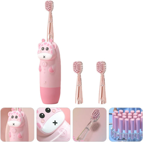 Set 4Pcs 2 Electric Toothbrush Sonic Electronic Tooth Cleaner Pink Deer Design Replacement Heads USB Rechargeable