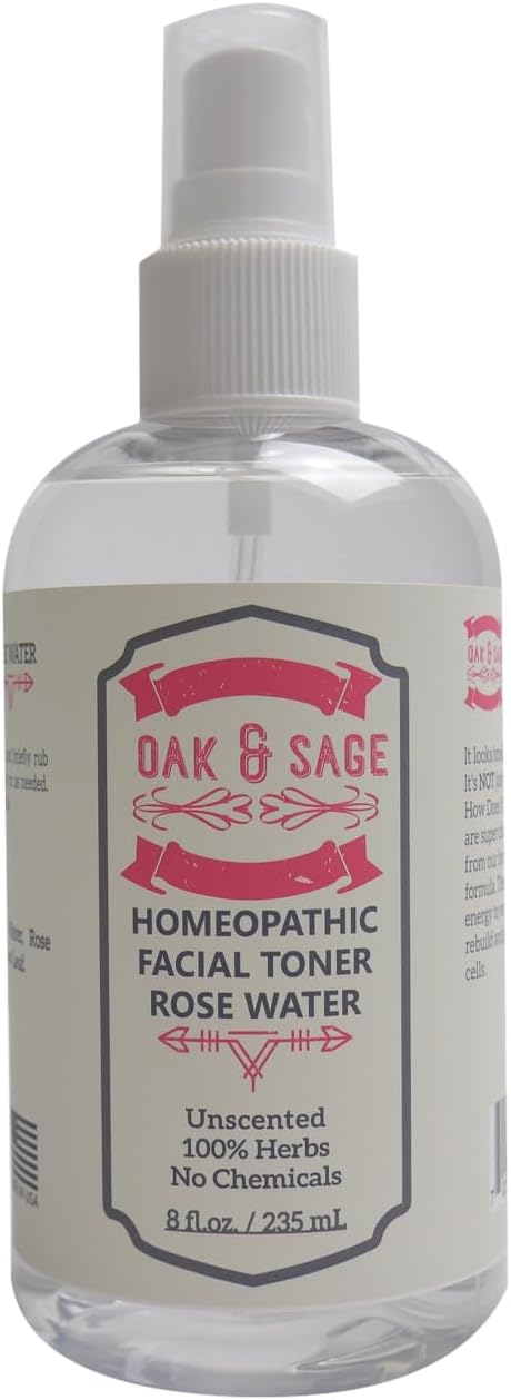 OAK & SAGE Homeopathic Facial Toner Rose Water, Unscented, 8oz, 100% Herbs, No Alcohol
