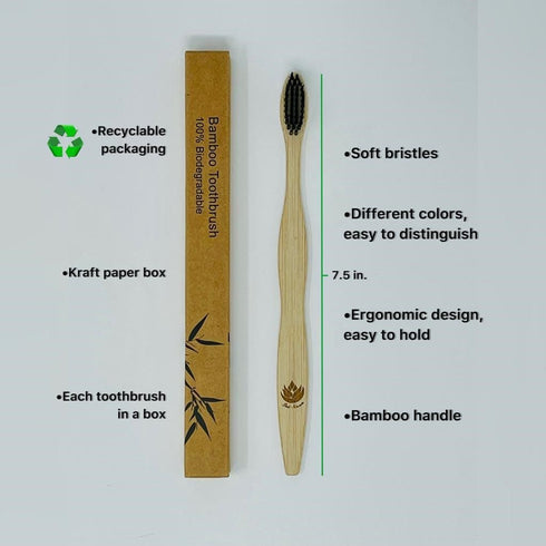 Sofi's Cute Corner Bamboo Toothbrushes, Soft Charcoal Bristles 4 Pcs, Eco Friendly Dental Floss Pick, Charcoal Thread