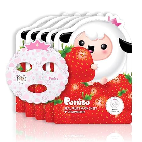 Real Fruit Facial Mask Sheet for Kids, 100% Cotton, Moisturizes, Soothes, Hydrates Skin (Strawberry - Pack of 5)