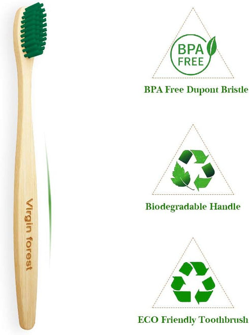 Virgin Forest Bamboo Toothbrush, Biodegradable Eco-Friendly Natural Wooden Toothbrushes, Vegan Organic Bamboo Charcoal,