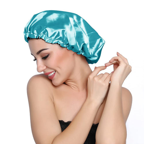 Stain Bonnet Silky Adjustable Satin Sleep Cap for Night Sleeping Hair Bonnet, Reversible Peacock Blue/Black