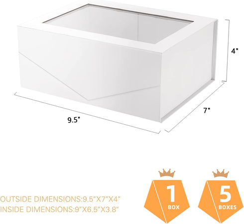 PACKQUEEN White Gift Box with Window, 9x6.5x3.8 Inches, Clear Gift Box with Ribbon and Card