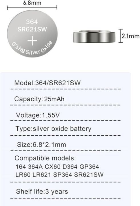 QLQXQTy SR621SW AG1 364/363 LR621 V364 1.55V 25 Pack Watch Battery Silver Oxide Battery