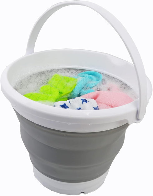 SAMMART Collapsible Plastic Bucket, Foldable Round Tub with Handle, Grey+Black (Set of 2), 5.5L