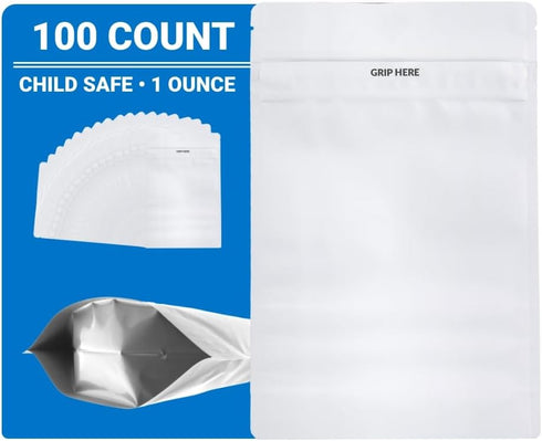Mylar Bags Child Resistant Grip N Pull, 1 Ounce All White - 100 Count, Resealable Smell Proof Bags for Food Storage