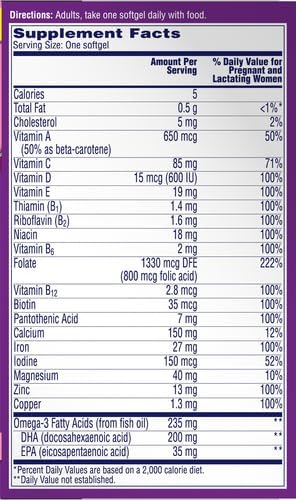 One A Day Women's Prenatal 1 Multivitamin, 60 Count, Including Vitamin A, C, D, B6, B12, Iron, Omega-3 DHA