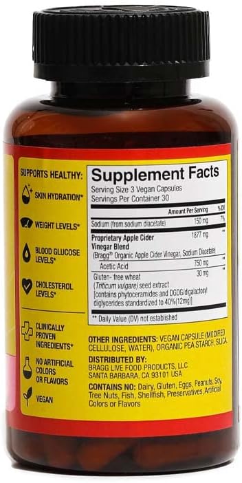 Bragg Inner Glow Apple Cider Vinegar and Phytoceramide Capsules - 750mg Acetic Acid for Energy & Weight Management
