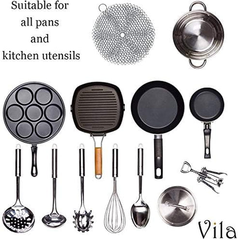 Vila 7 Inches Diameter Cast Iron Scrubber, Round 316 Premium Stainless Steel, Flexible Chainmail Scrubber