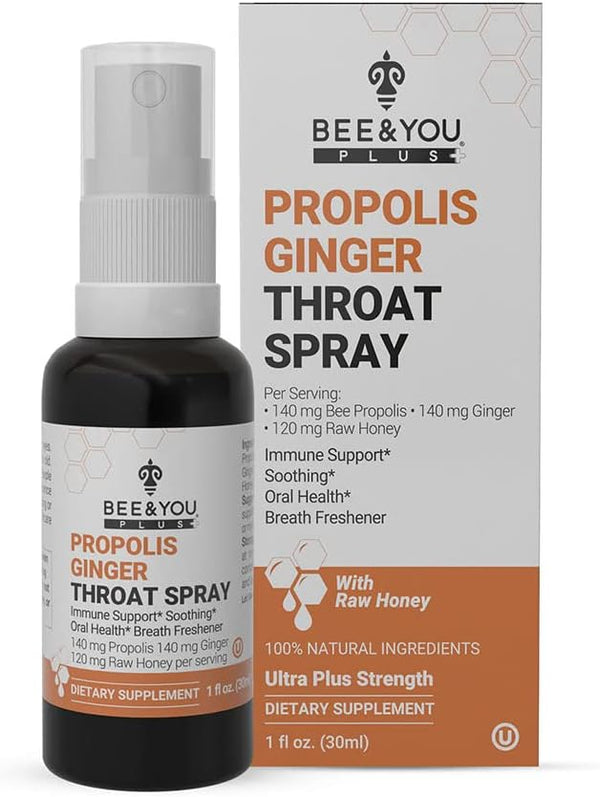 Bee and You Propolis Ginger Raw Honey Soothing Throat Spray, 1 Fl Oz, Ultra Pure Immune Support Supplement