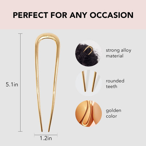 Kitsch Metal Hair Pins for Women - Gold U-Shaped Hair Sticks for Thick Hair, Buns, French Twist, 1pc