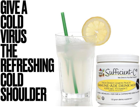 Sufficient-C High Dose Non-GMO Vitamin C Lemon Peach Immune-Ade Drink Mix, 125 Gram Size with L-lysine, Bromelain &