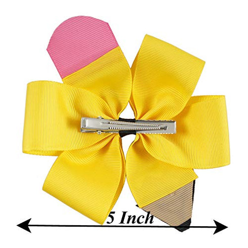 Pencil Girls Jumbo Hair Bow Ponytail Holder Clips for Cheerleader Girls, 1 Count (Yellow)