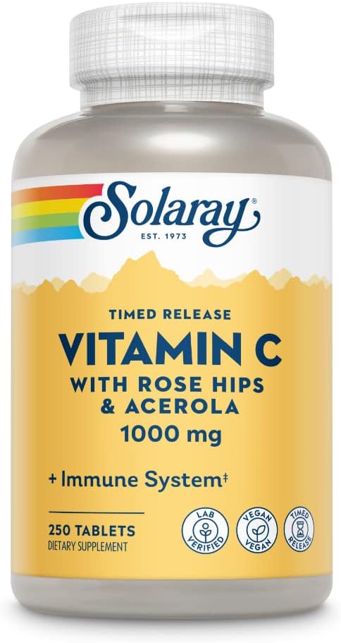 SOLARAY Vitamin C 1000mg w/Rose Hips & Acerola | 250ct | Non-GMO | Two-Stage Timed-Release Immune Support