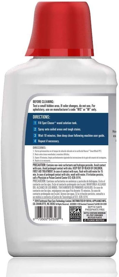 Hoover Oxy Spot Chaser Refill for SmartWash Pet, Stain Remover Pretreat Formula, Upholstery and Carpet Cleaning Solution
