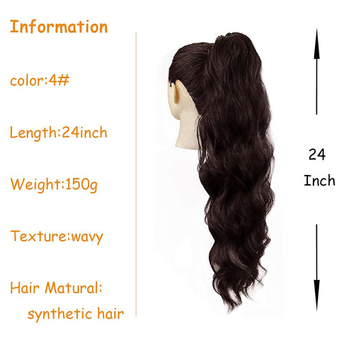 KETHBE 24 Inch Long Body Wave Ponytail Hair Extension, Synthetic Heat Resistant Wrap Around Drawstring Curly Wavy