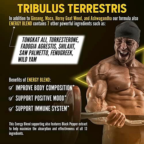 13in1 Tribulus Terrestris Capsules - 16000mg with Maca, Horny Goat Weed, Panax Ginseng & More, 120 Counts