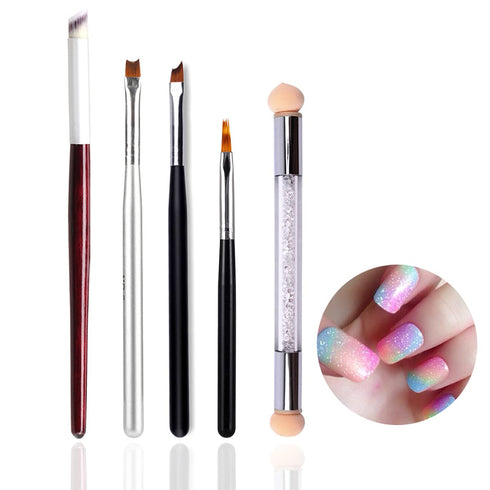 JERCLITY 5pcs Acrylic Nail Gradient Shading Brushes Set - Double Ended Nail Sponge Pen Manicure Tools