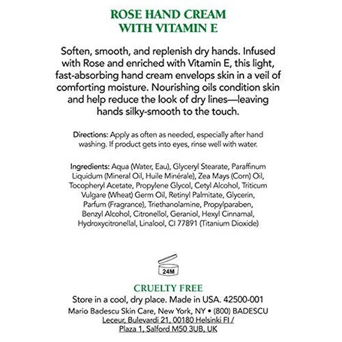 Mario Badescu Rose Hand Cream with Vitamin E for Men and Women, Non-Greasy, Light and Fast-Absorbing Hand Cream for Dry Cracked Hands, Ideal for All Skin Types, 3 Oz