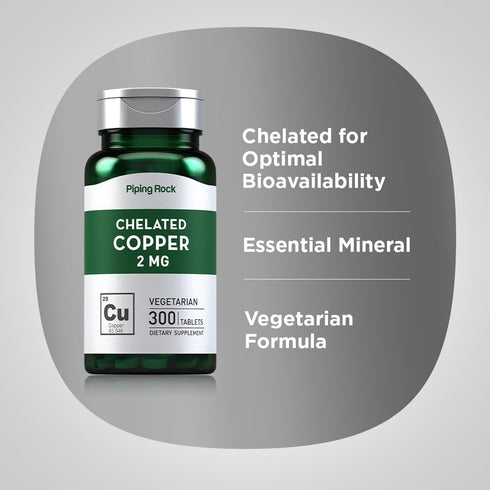 Chelated Copper 2 mg | 300 Tablets | Vegetarian, Non-GMO, Gluten Free Supplement by Piping Rock
