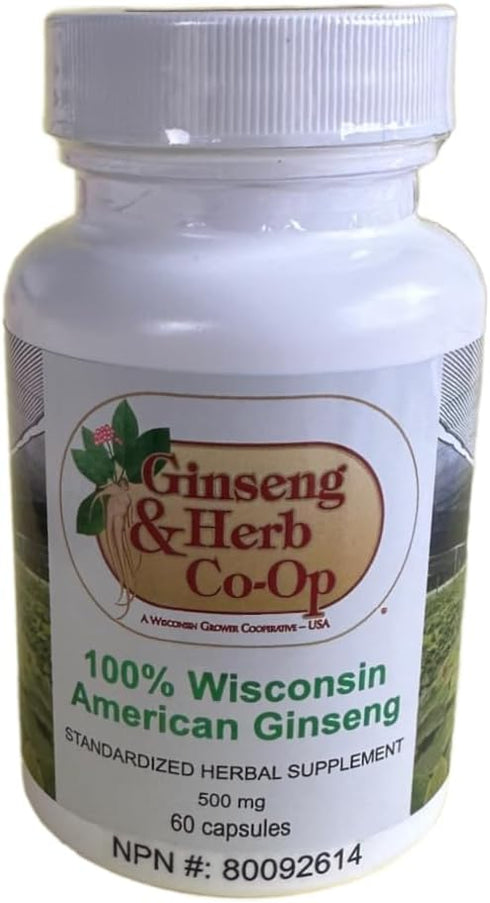 100% Pure Wisconsin American Ginseng Capsules - 500mg Authentic Panax Quinquefolius, No Fillers or Additives