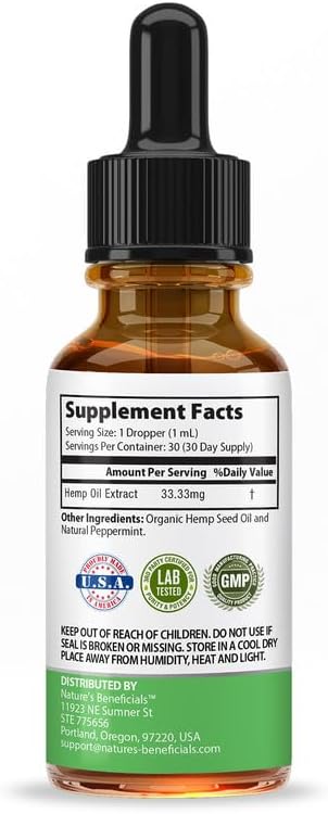 NATURE'S BENEFICIALS Organic Hemp Oil Extract Drops, 1000mg, Omega Fatty Acids 3 6 9