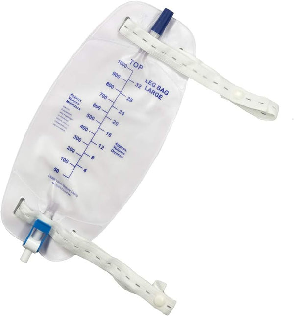 Easy-Tap Leg Bag Urinary Drainage Bag with Cloth Straps, Anti-Reflux Valve, Latex-Free, 32 Oz (3 Pack)