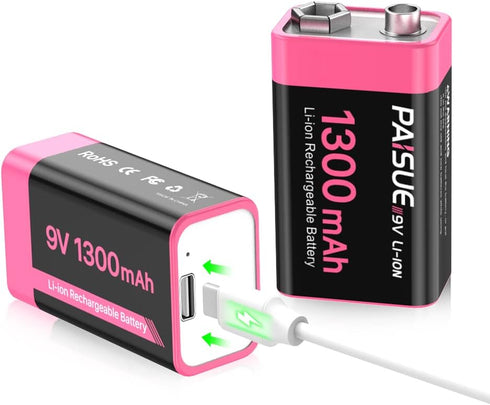 9V Rechargeable Batteries, 1300mAh High Capacity Lithium-ion with 2 in 1 USB C Fast Charging Cable, 2 Count