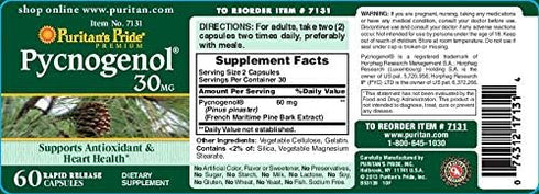 Puritan's Pride Pycnogenol 30 mg, 60 Count, White
