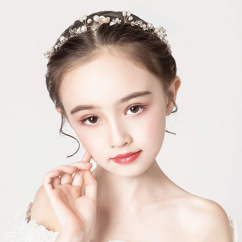 PRDGIRL Wedding Hair Accessories for Kids, Princess Headpiece White Flower Headband, Pearl Hair Dress for Girl and