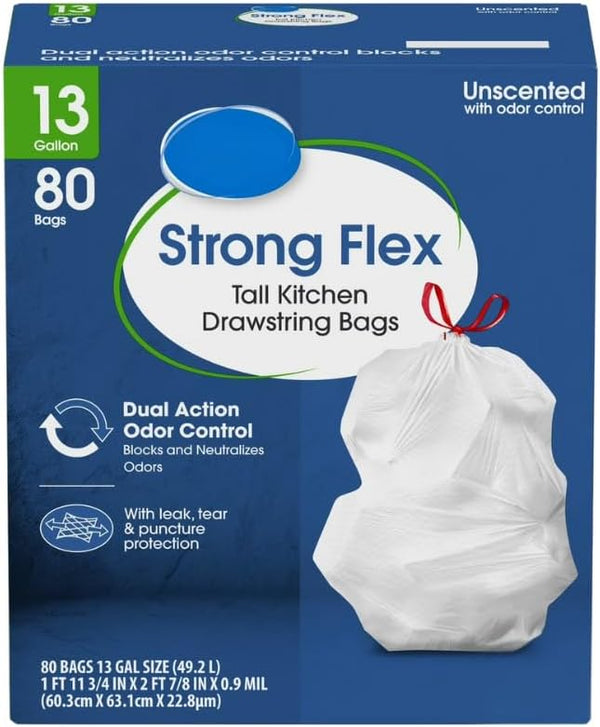 O2ktb Strong Flex Tall Kitchen Trash Bags 13 Gallon Drawstring Garbage Bags, Unscented,