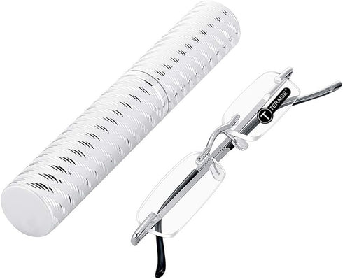TERAISE Upgrade Lightweight Frameless Reading Glasses for Men and Women with Pen Clip Tube Case