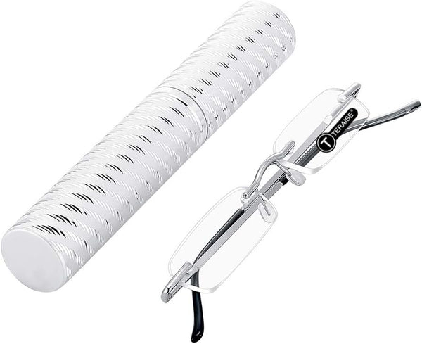 TERAISE Upgrade Lightweight Frameless Reading Glasses for Men and Women with Pen Clip Tube Case