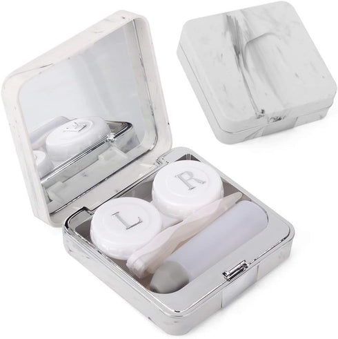 Contact Lens Case, Marble Travel Kit with Remover Tool, Mirror, Tweezers & Solution Bottle for Women & Girls (Grey)