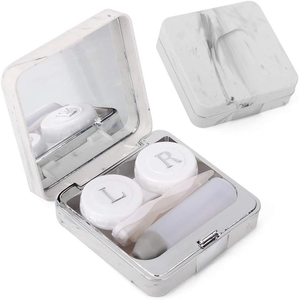 Contact Lens Case, Marble Travel Kit with Remover Tool, Mirror, Tweezers & Solution Bottle for Women & Girls (Grey)
