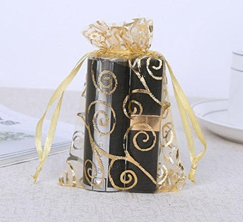 Onwon 50 PCS/Set Luxury Jewelry Candy Gift Bags, Champagne Velvet Drawstring Pouches, Gold Line Sheer Organza