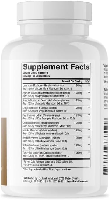 DR. EMIL NUTRITION 10 Mushroom Supplement, Functional Nootropic with Lions Mane for Mental Clarity & Immune Support