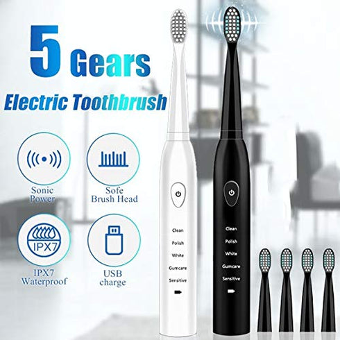 RED-NI Sonic Electric Toothbrush, USB Fast Charging Waterproof Toothbrush with 4 Free Replacement Heads