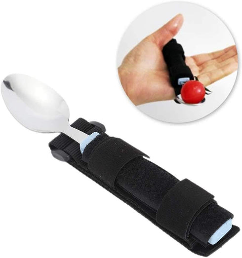 Adaptive Spoon with Universal Adjustable Hand Cuff Utensil Holder, Daily Living Aid for Elderly & Disabilities