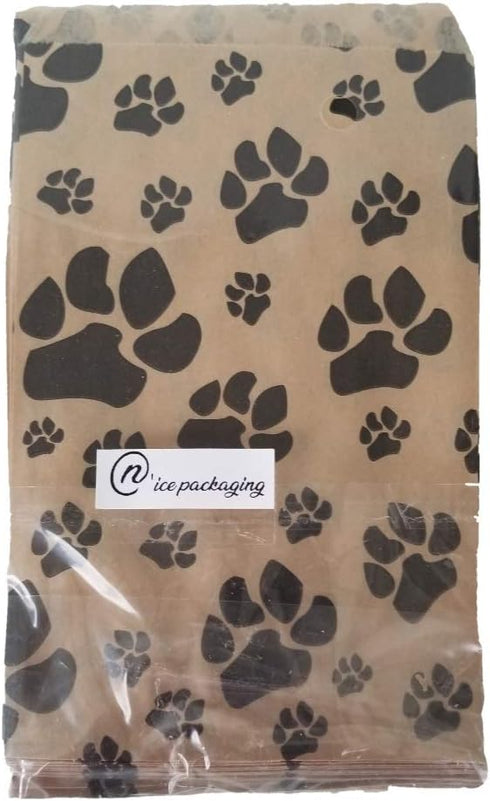 N'ice Packaging 100 Bags Flat Plain Paper or Patterned Bags for Candy, Cookies, Party Favors, Gift Bags (5" x 7", Paw