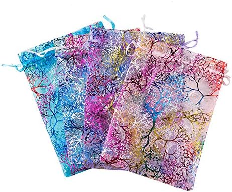 Tvoip 100Pcs Organza Drawstring Pouches, Coral Pattern Jewelry Packaging Bags (Mix) 4x6" (10x15cm)