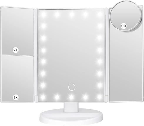 Makeup Mirror Vanity Mirror with Lights - Adjustable Brightness Trifold Mirror with 1X/2X/3X/10X Magnification