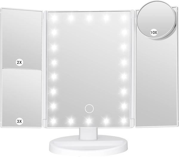 Makeup Mirror Vanity Mirror with Lights - Adjustable Brightness Trifold Mirror with 1X/2X/3X/10X Magnification