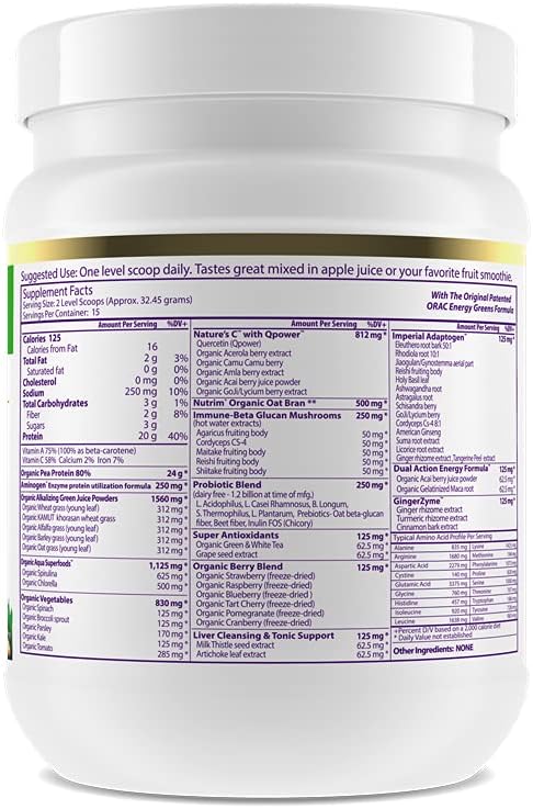 Paradise Herbs, ORAC Energy Proteins & Greens Powder, Antioxidant Power of 24 Servings of Fruits & Vegetables in 1 Scoop + 20g Protein, Unflavored Protein&Greens, 15