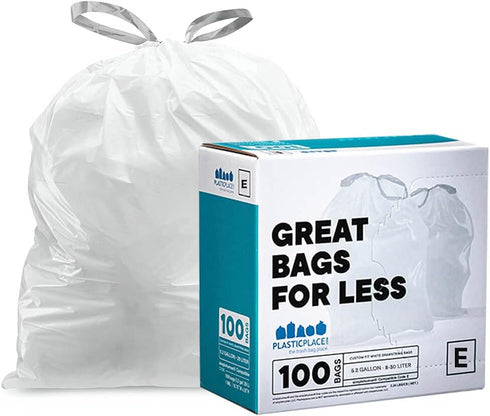 Plasticplace Custom Fit Trash Bags, Compatible with simplehuman Code E (100 Count) White Drawstring Garbage Liners