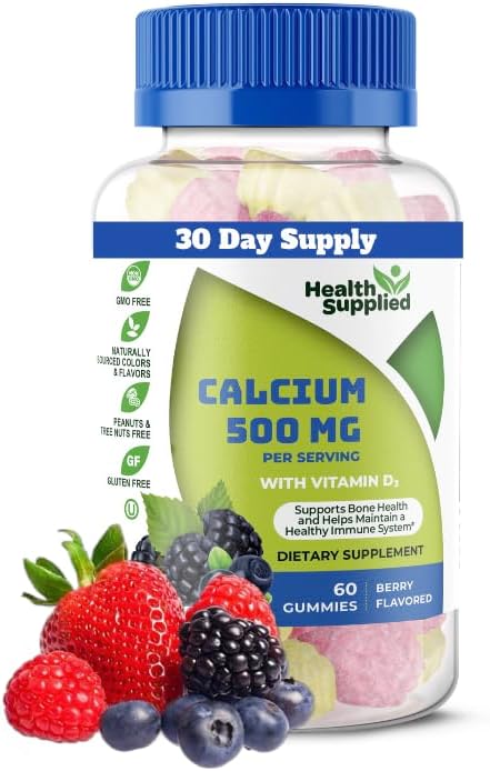 Calcium 500mg with Vitamin D3 1000 IU Gummies - Bone Strength for Adults, Teens, Kids, 60 Count