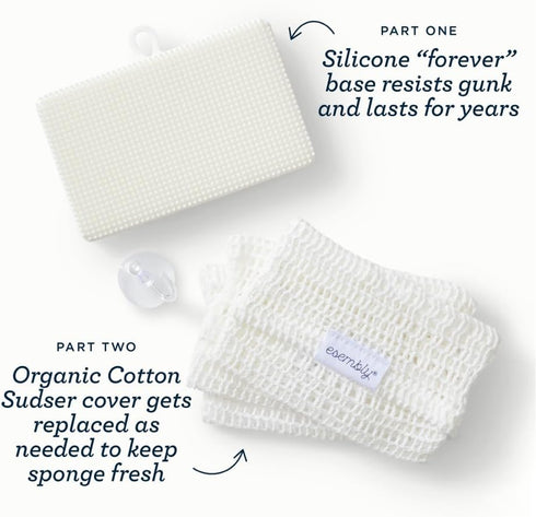 Esembly GoTwo Sudser Set, Dishwashing Kitchen Scrubber and Cleaning Sponge, Long Lasting Silicone Base with Compostable