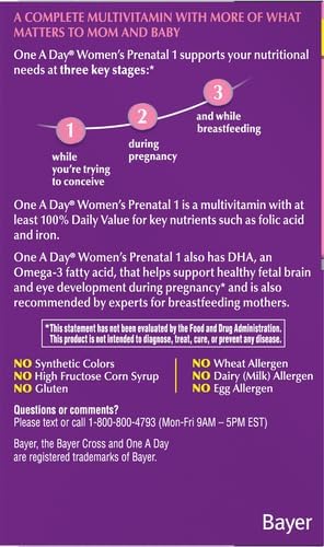 One A Day Women's Prenatal 1 Multivitamin, 60 Count, Including Vitamin A, C, D, B6, B12, Iron, Omega-3 DHA
