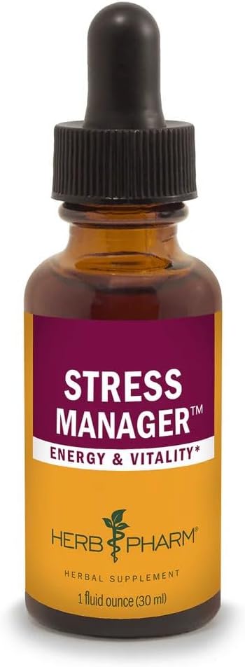Herb Pharm Stress Manager: Adaptogenic Stress Support Tincture, Rhodiola Rosea, Holy Basil Extract, Reishi Mushroom Extract, Adrenal Function Support, Vegan, Non-GMO, 1 Oz - Packaging May Vary